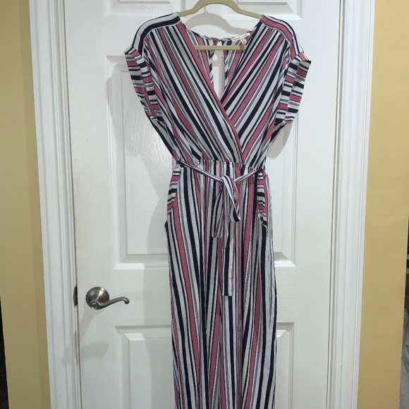 Sophia + Zeke faux wrap pink black striped jumpsuit Sz XL cap sleeve waist tie - Picture 1 of 10